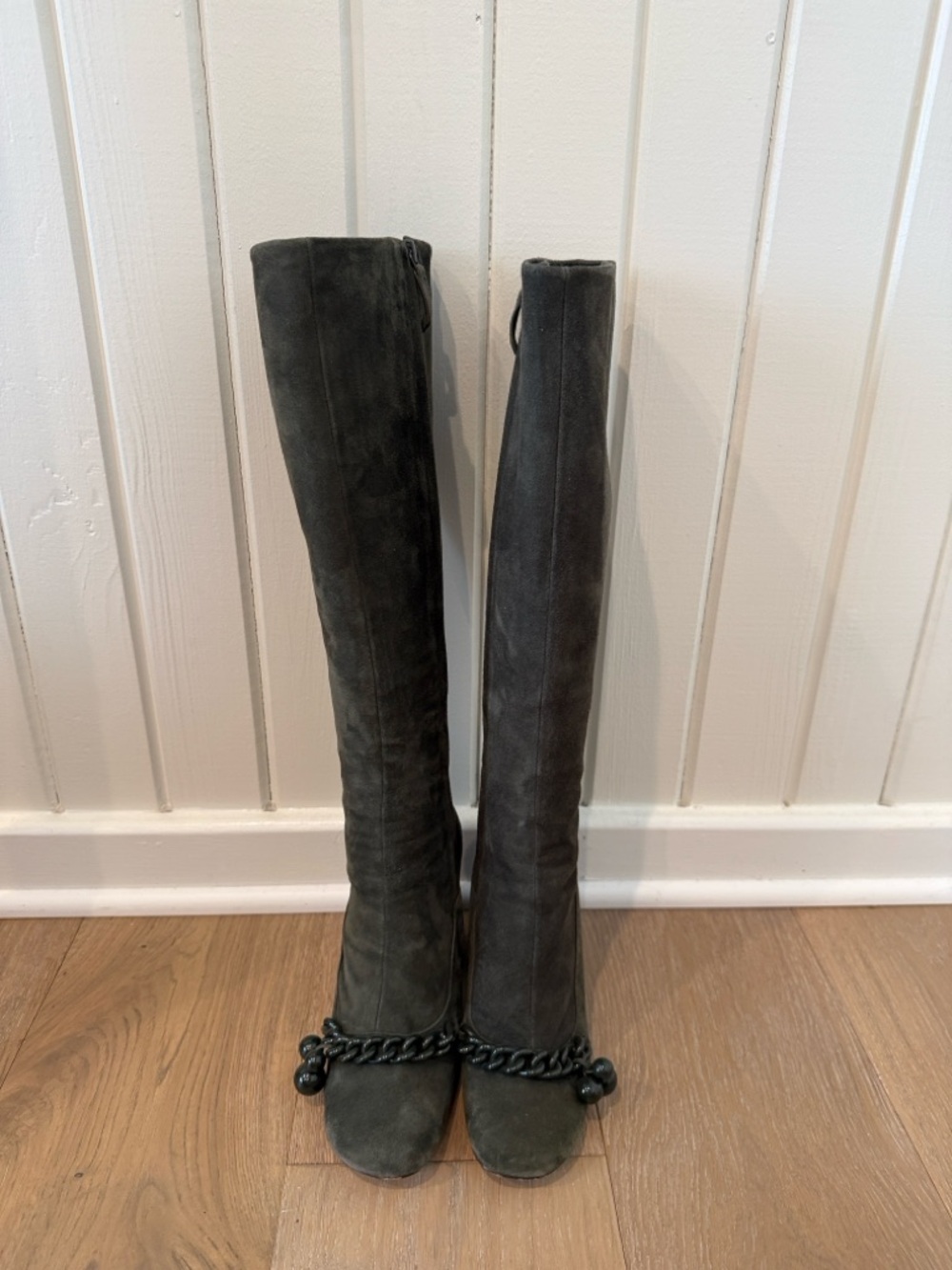 Tory Burch Dark Green/Gray Suede Knee-High Boots with Chain Detail